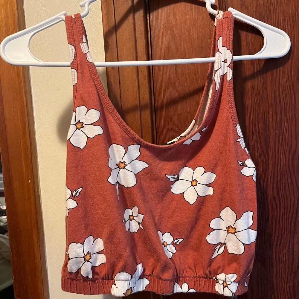 Forever 21 Rust Tank Top with White Floral Design